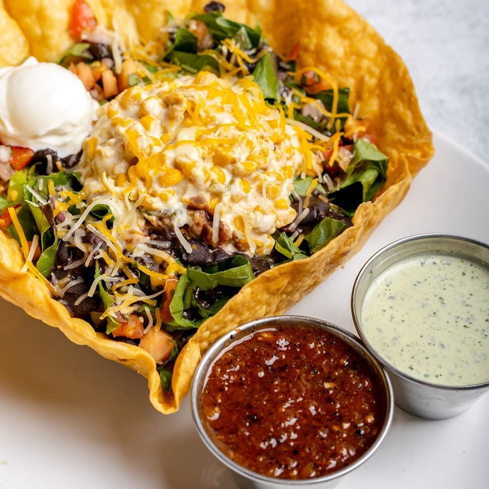 A taco salad in a crispy tortilla bowl with sour cream, salsa, and dressing on the side.