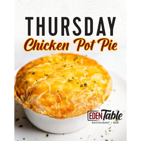 Golden-crusted chicken pot pie in a white bowl, with "THURSDAY Chicken Pot Pie" text.