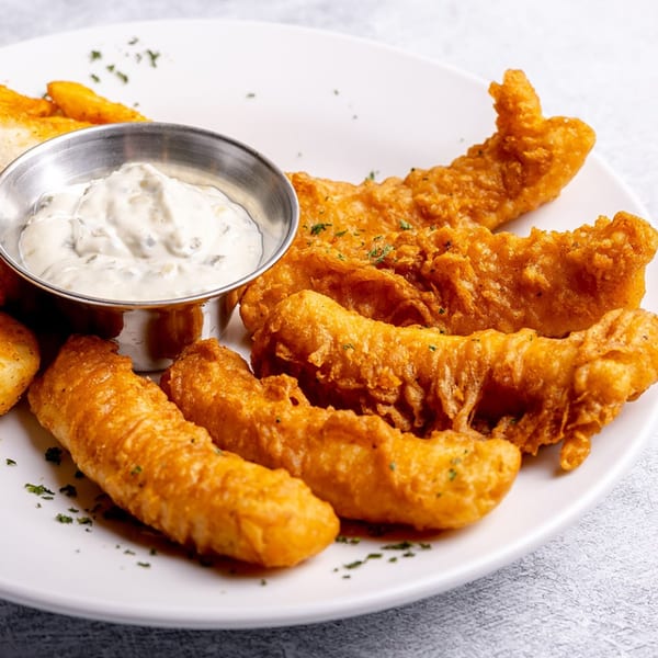 Golden-brown fried fish and fries with a side of tartar sauce on a white plate.