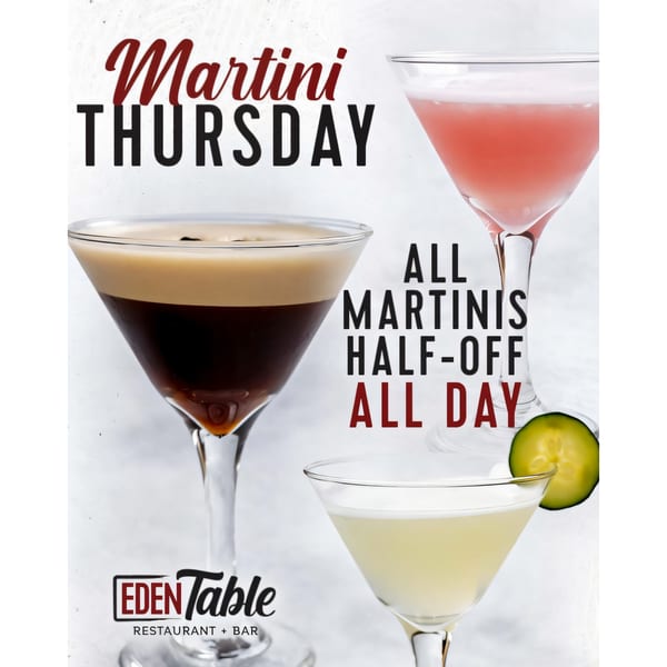 Three martinis, including an espresso martini, a pink martini, and a light-colored martini with a cucumber slice.