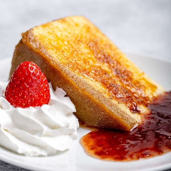 Golden-brown French toast with whipped cream, a fresh strawberry, and strawberry jam on a white plate.